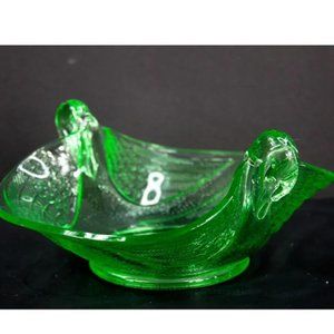 Vintage Dugan Fenton Vaseline Uranium Double Handle Swan Bowl, Candy Dish